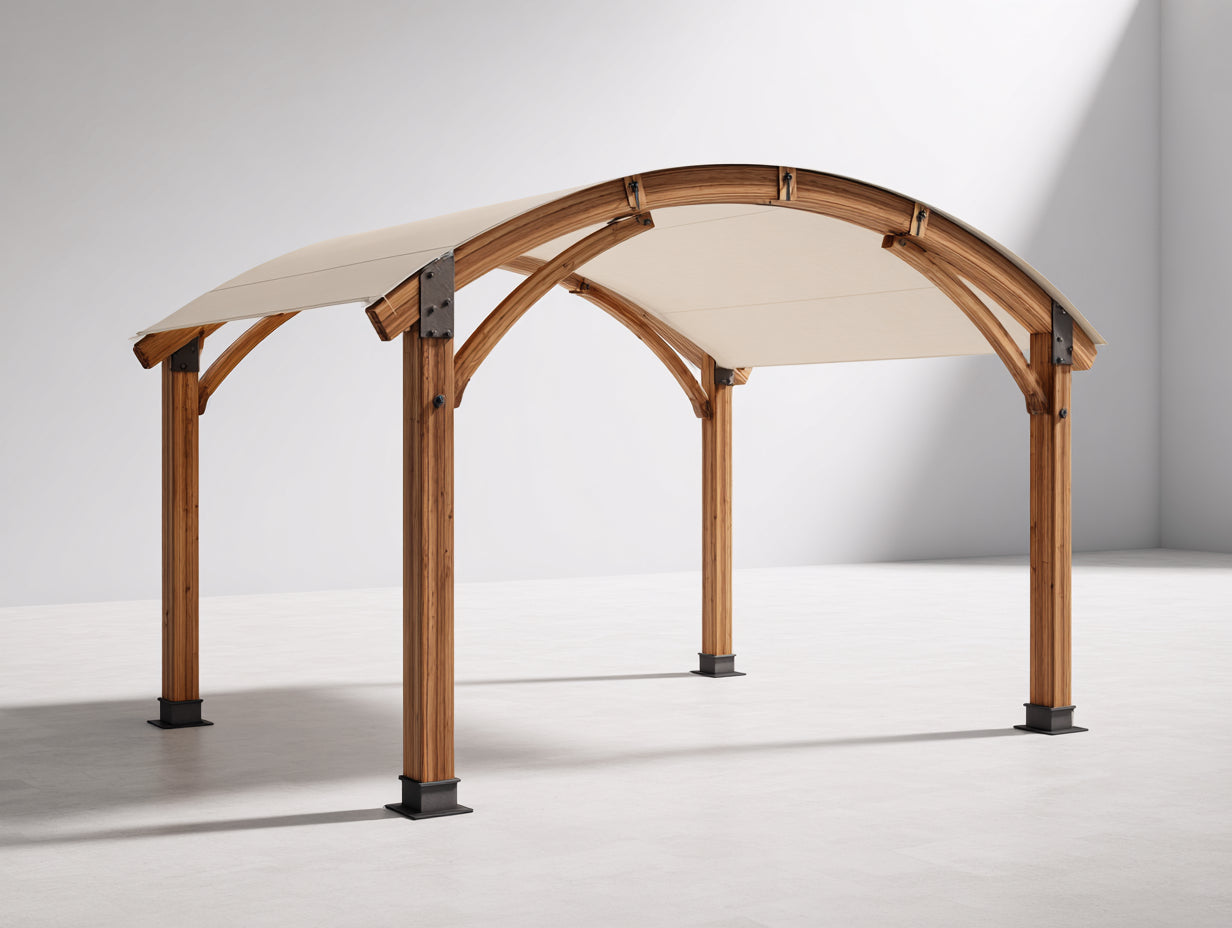 Pérgola de jardín de madera 400 x 300 x 260 cm - color marrón y beige - diseño arqueado con cubierta exterior