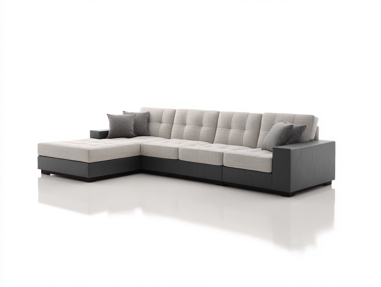 Sofás de esquina tapizado de tela 330x220x85 cm beige y negro diseño moderno para salón