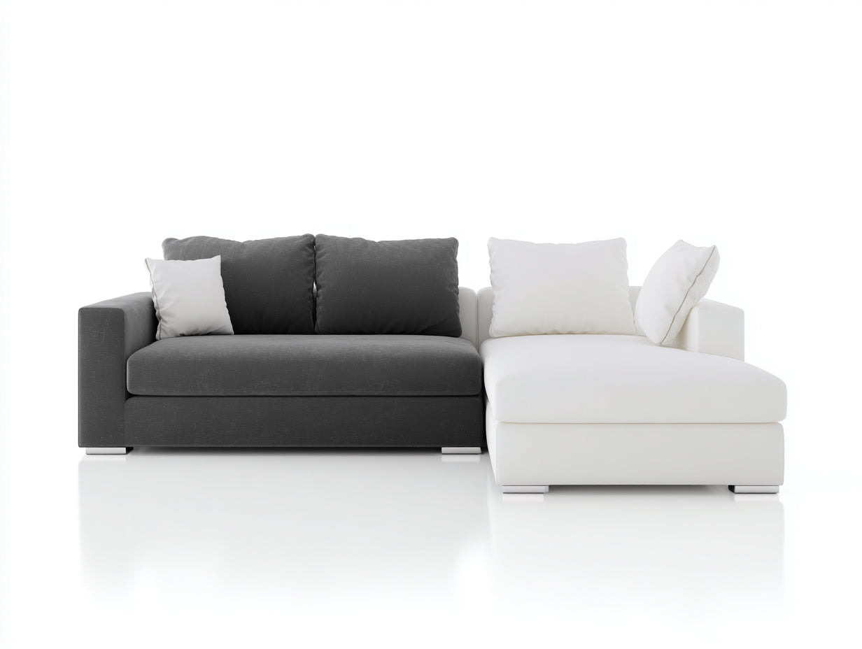 Sofás de esquina tapizado de tela 270x160x85 cm gris y blanco diseño moderno para salón