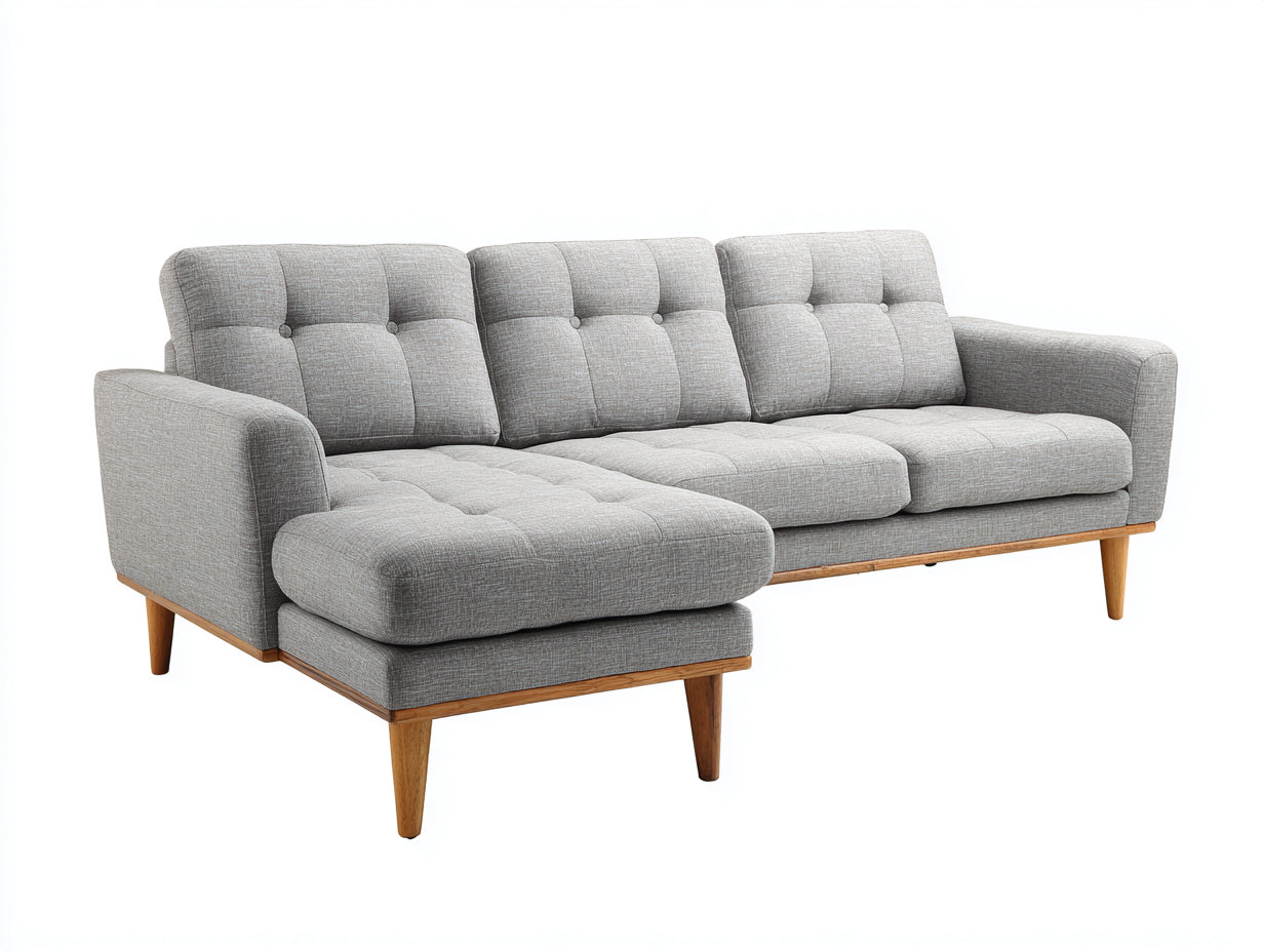 Sofás de esquina de tela 250 x 160 x 88 cm - Gris claro - Diseño moderno con chaise longue y patas de madera
