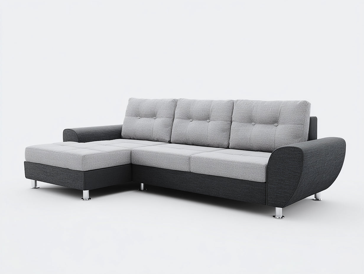 Sofás de esquina tapizado de tela 290x170x85 cm gris y negro diseño moderno para salón