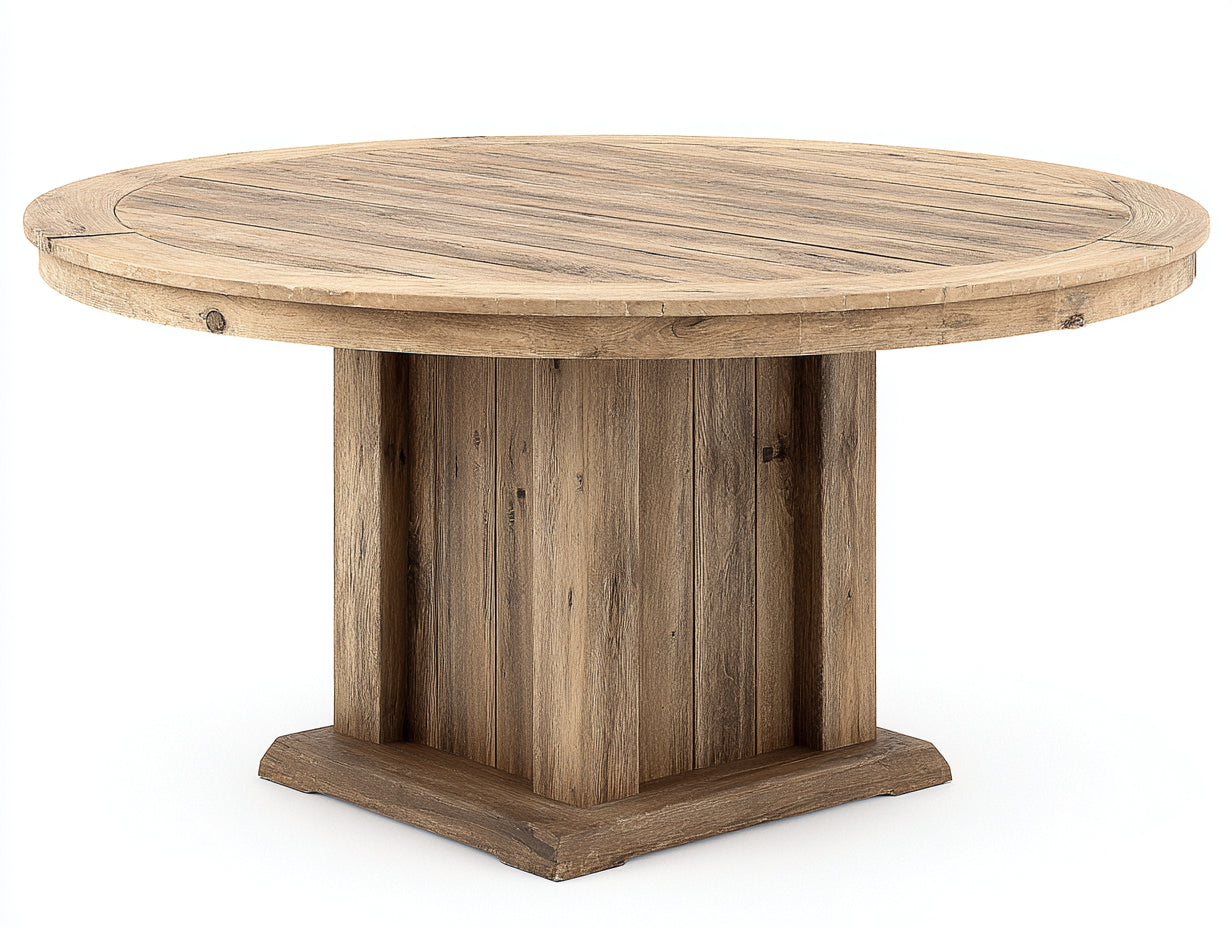 Mesas de jardín redonda de madera 150 x 150 x 76 cm - Marrón envejecido - Base central robusta con diseño rústico