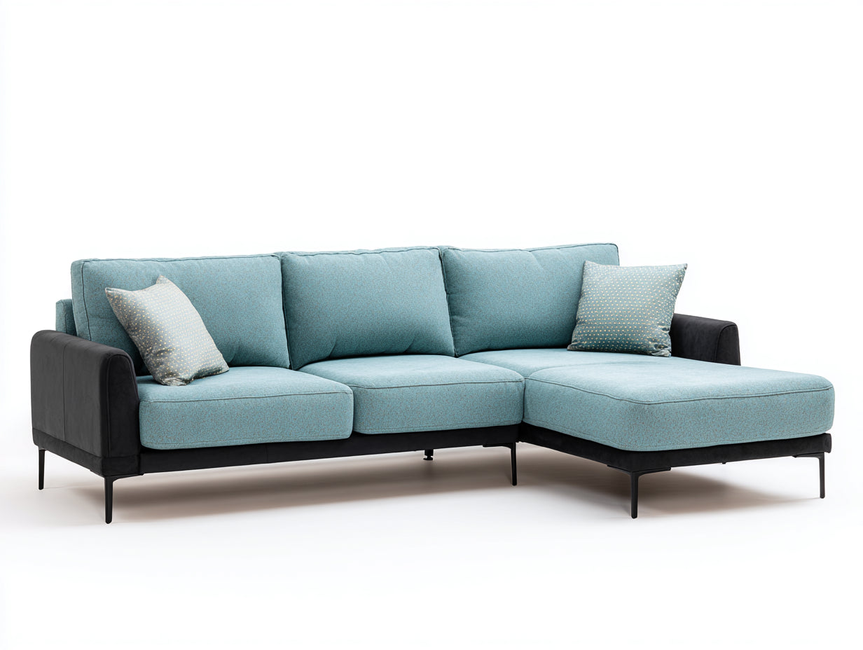 Sofás de esquina tapizado de tela 290 x 170 x 85 cm - color azul claro y negro - diseño moderno con chaise longue